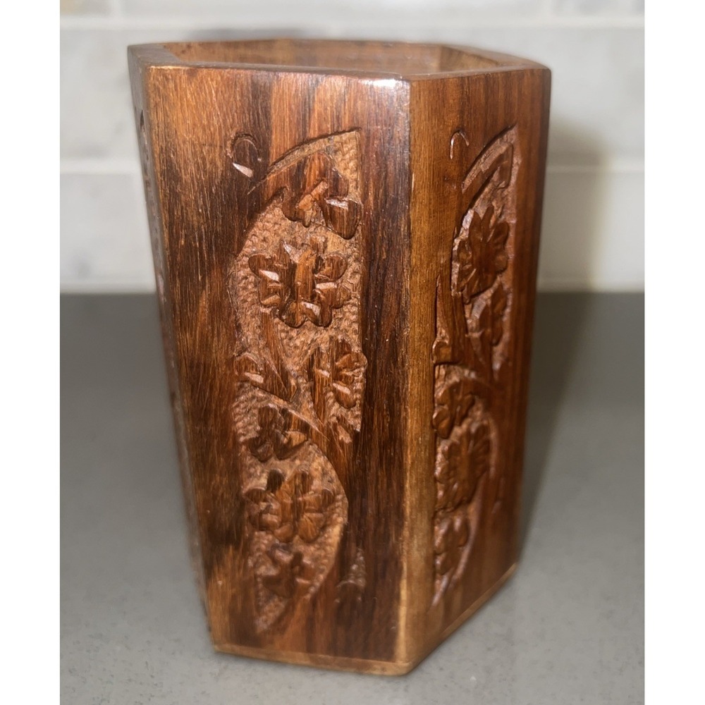 Vintage Wooden Hexagon Hand Carved Pencil Holder Decorative Collectible 4"